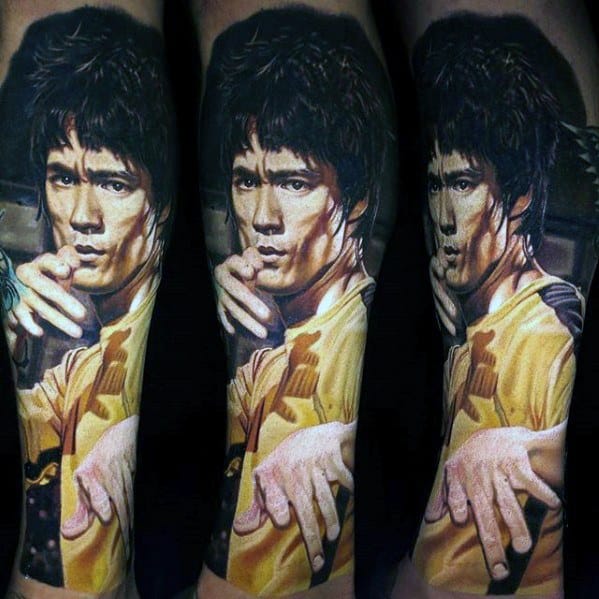 Hyper Realistic Bruce Lee Mens Tattoo Designs Forearm Sleeve