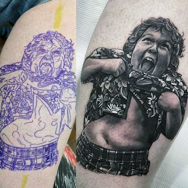 Black and gray realistic tattoo of Chunk from The Goonies performing the Truffle Shuffle, shown alongside the stencil outline before inking.