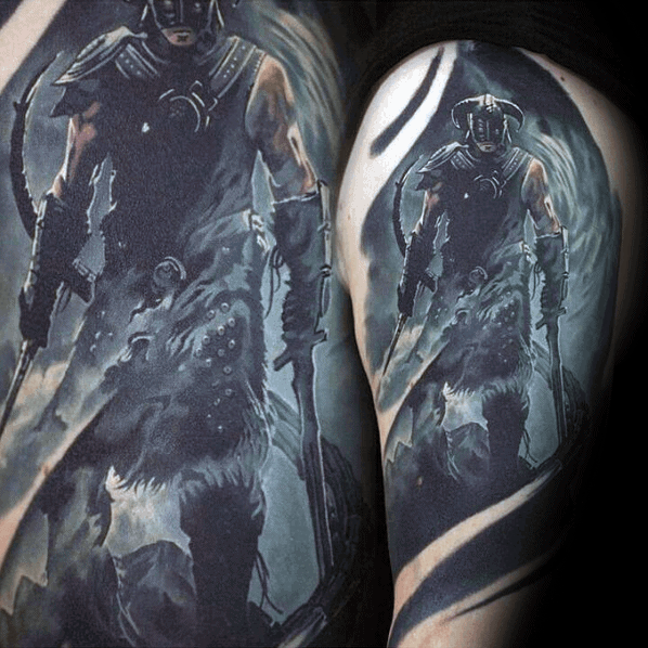 Tattoo of a Skyrim warrior in armor with a fur cloak, holding a sword amidst smoke