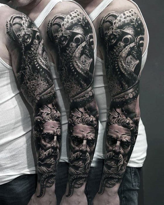 Hyper Realistic Octopus With Greek God Mens Sleeve Tattoo