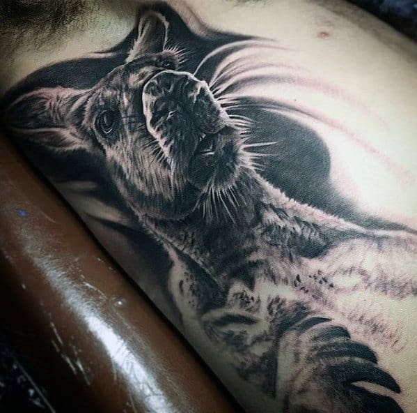 Hyper Realistic Rib Cage Side Male With Cool Kangaroo Tattoo Design