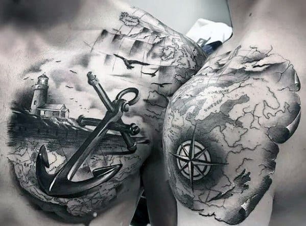 Black and grey tattoos of a lighthouse and an anchor on chests