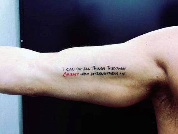 I Can All Things Through Christ Mens Badass Small Quote Inner Arm Tattoos
