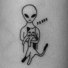 A black ink tattoo of an alien holding a relaxed cat, with 'PRRRR' written beside it, indicating the cat is purring.