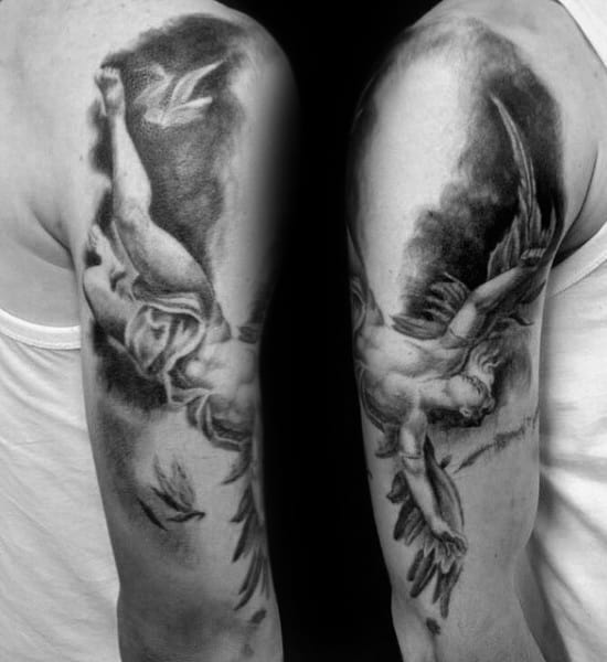 Icarus Flying Male Arm Tattoo Design Inspiration With Shaded Design