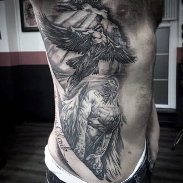Icarus With Father Guys Shaded Full Rib Cage Side Of Body Tattoos