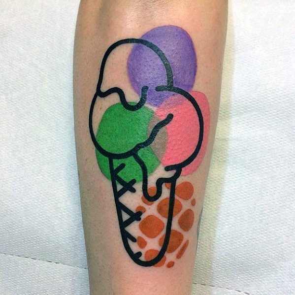 Modern tattoo of an abstract ice cream cone with bold black outlines and colorful pastel scoops in green, purple, and pink, creating a minimalist look.