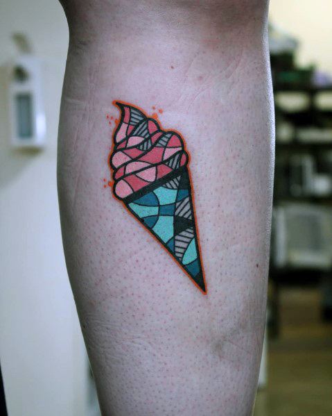 Geometric tattoo of an ice cream cone with stained-glass-style patterns in red and blue, outlined in bold black with an orange glow effect.