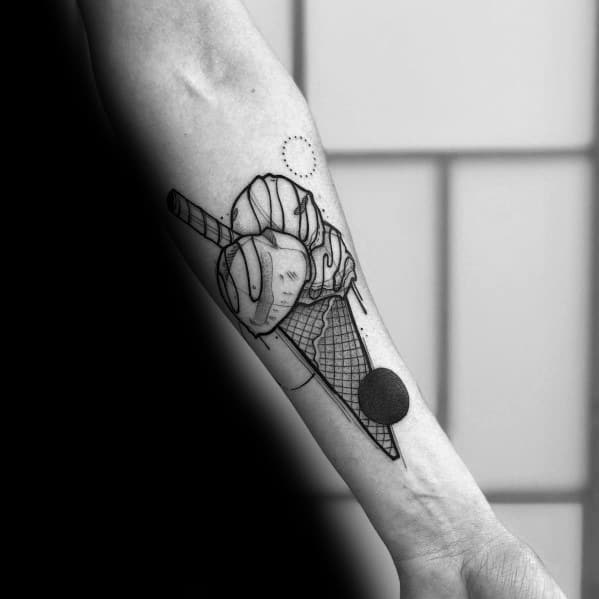 Black and grey tattoo of a detailed ice cream cone with two scoops, a wafer stick, and abstract geometric elements for a modern touch.