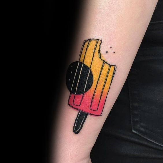 Minimalist tattoo of a bitten popsicle with a sunset gradient in yellow, orange, and red, featuring a bold black circle and abstract details.
