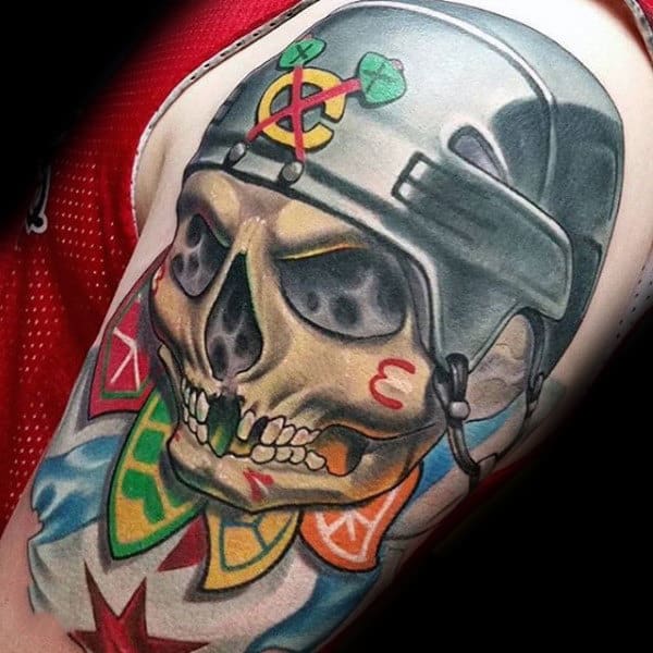 Ice Hockey Mens Chicago Blackhawks Skull Upper Arm Tattoo