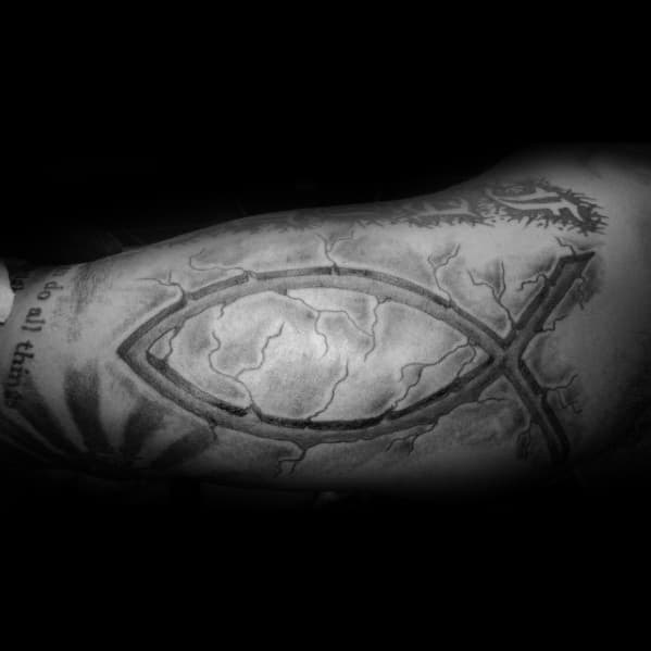 Ichthus Mens Tattoo Designs Inner Arm Bicep Stone 3d