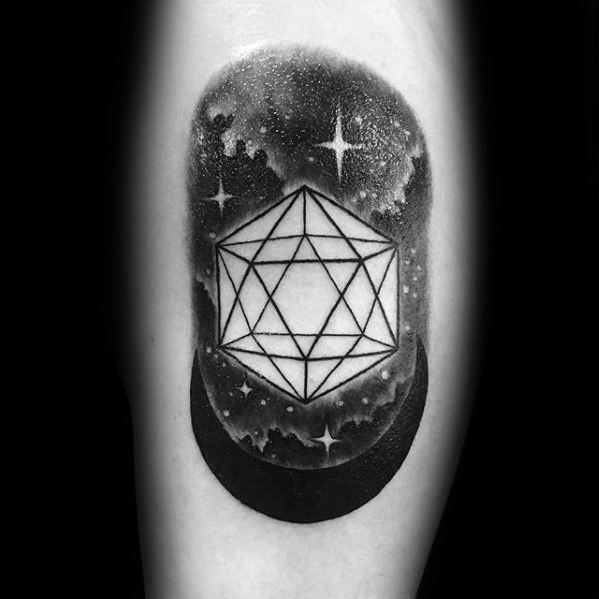 Icosahedron tattoo set against a starry night sky with a crescent moon, blending cosmic and geometric elements in bold black ink.