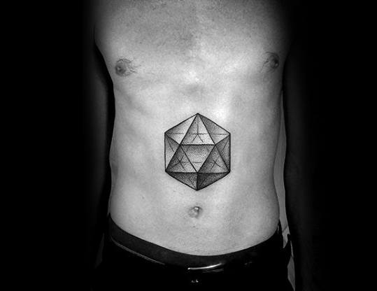 Dotwork icosahedron tattoo centered on the abdomen, featuring fine lines and intricate shading for a dimensional geometric effect.