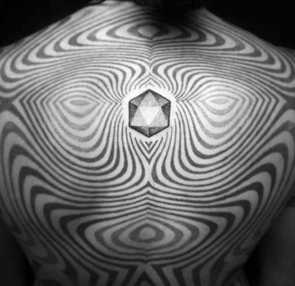 Icosahedron tattoo at the center of the chest, surrounded by hypnotic optical illusion lines creating a dynamic and mesmerizing pattern.