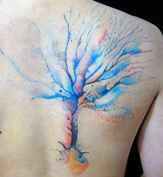 Icy Blue Watercolor Tree Tattoo Mens Back