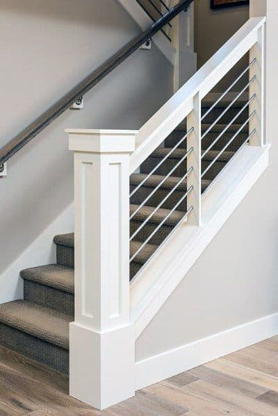 white wood and metal wire stair railing designs