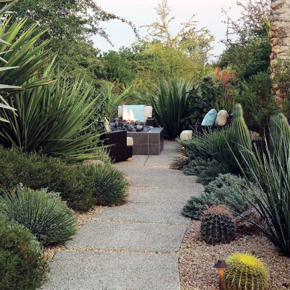 slab paver pathway lush green desert garden fire pit wicker furniture 