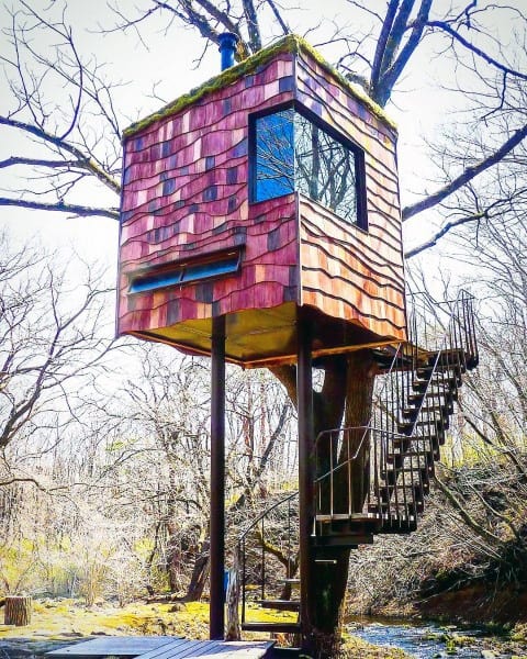 A whimsical treehouse with a spiral staircase, surrounded by bare trees and a sunny sky