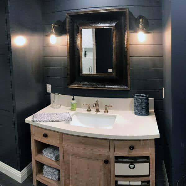 black shiplap walls in bathroom