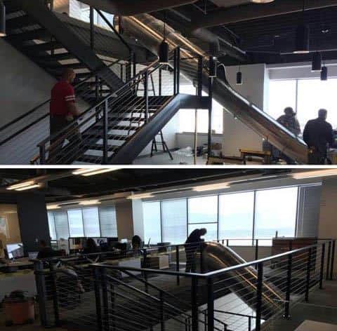 Stairs vs slide in an office environment with people around