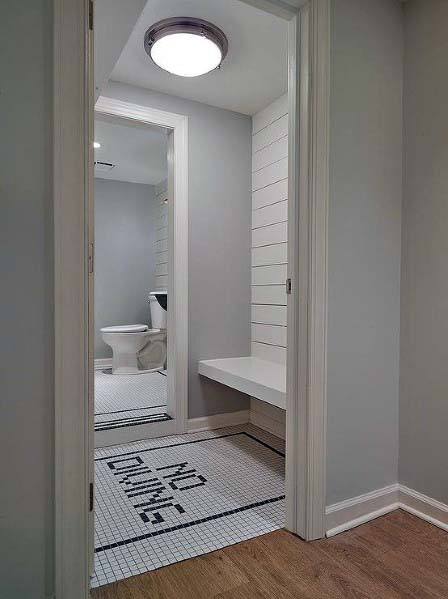 white shiplap wall mosaic white tiles simple powder room