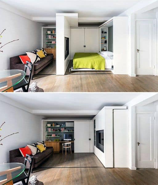Space-saving studio with pull-out bed, built-in storage, and vibrant decor accents.