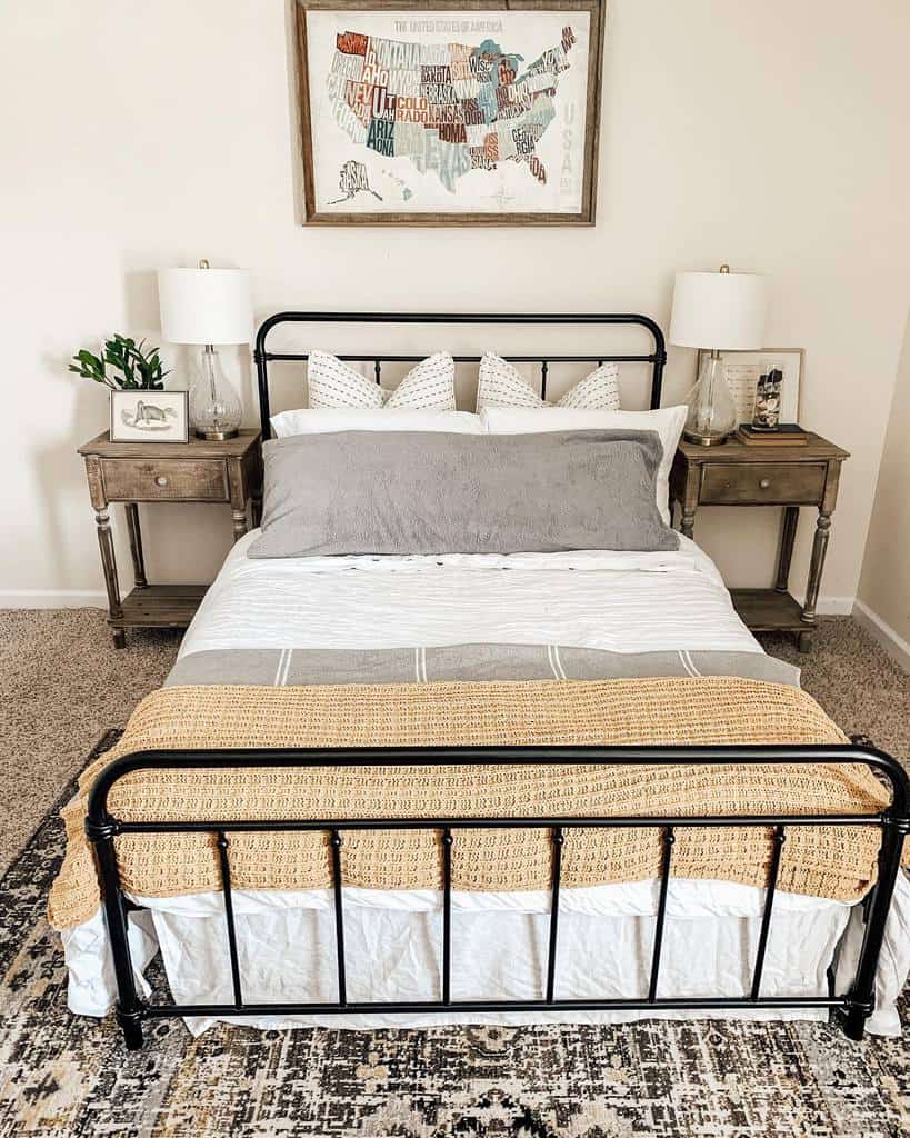 wrought iron bed in rustic bedroom