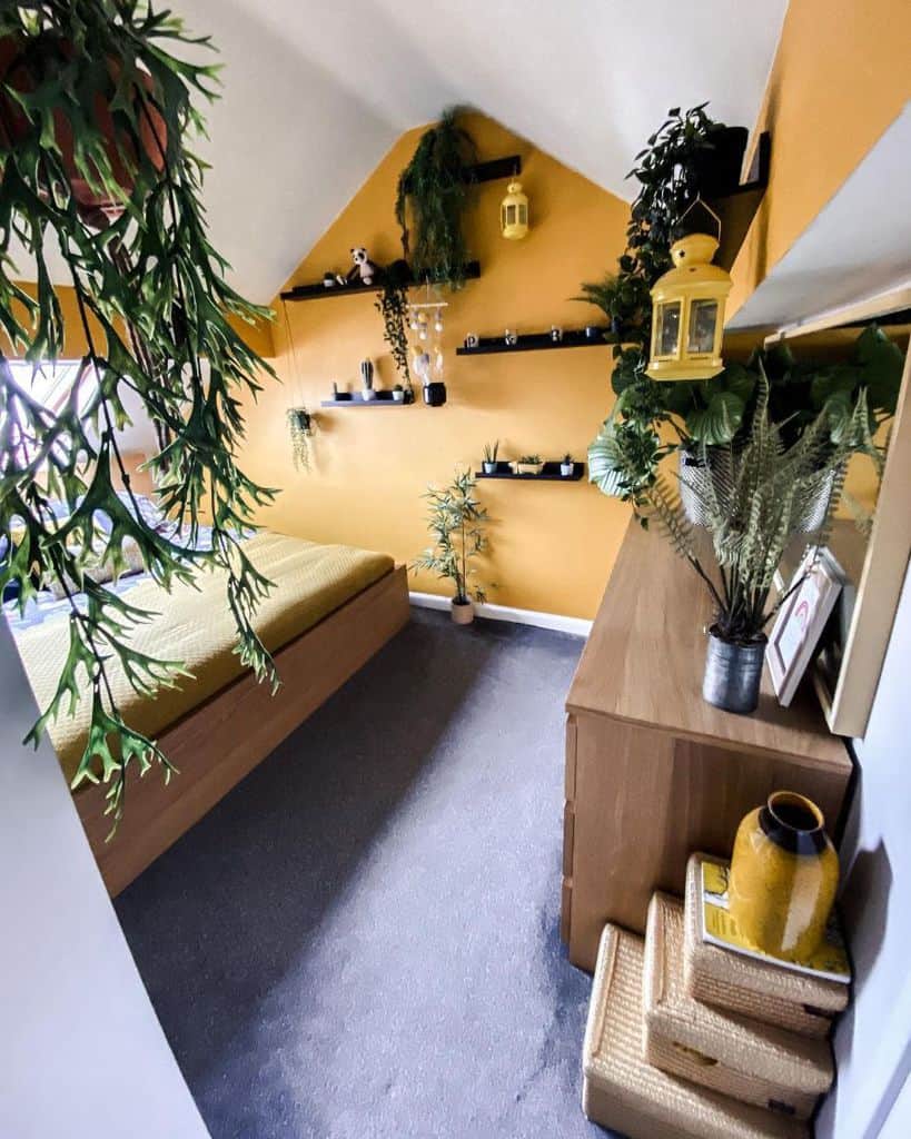 Cozy room with yellow walls, green plants, a bed, shelves, and bright decor featuring inviting natural touches