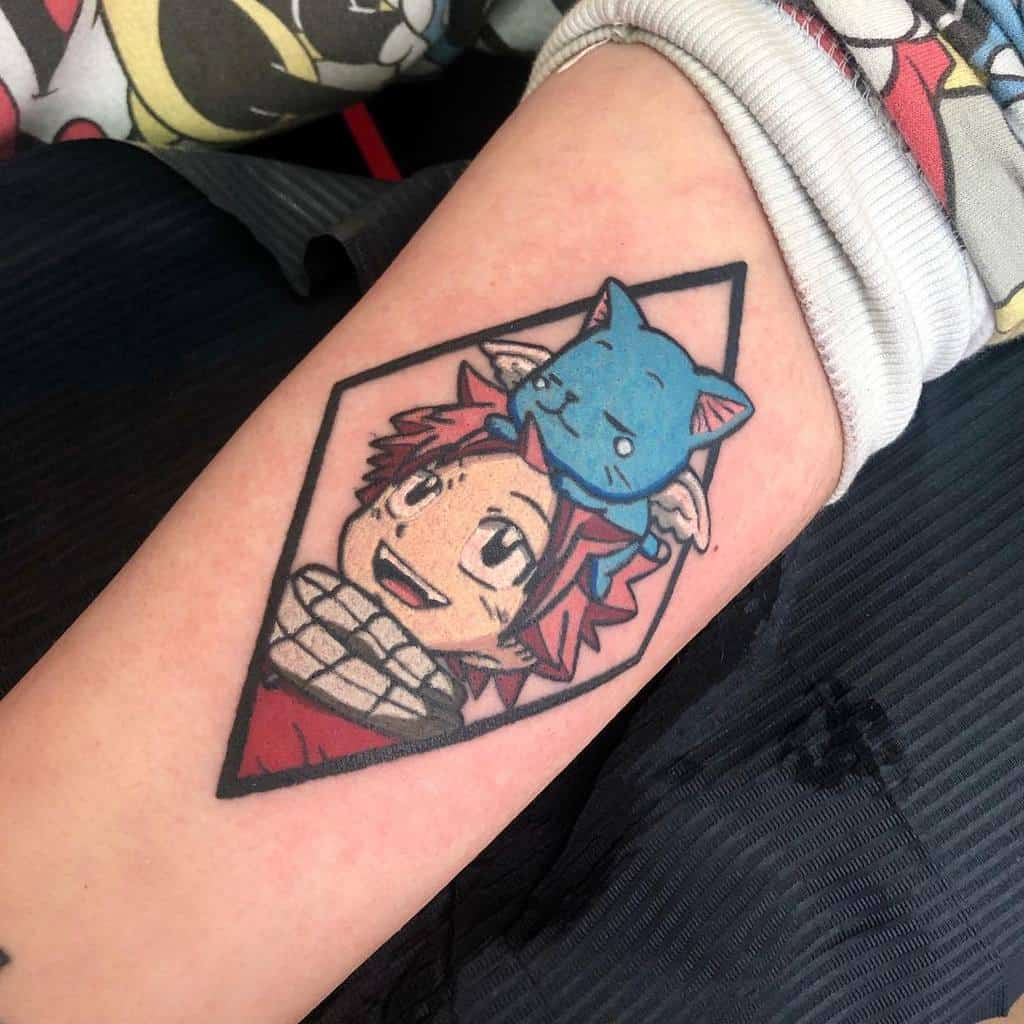 This tattoo features Natsu and Happy from *Fairy Tail* in a diamond frame, highlighting their friendship with bold colors and clean lines.