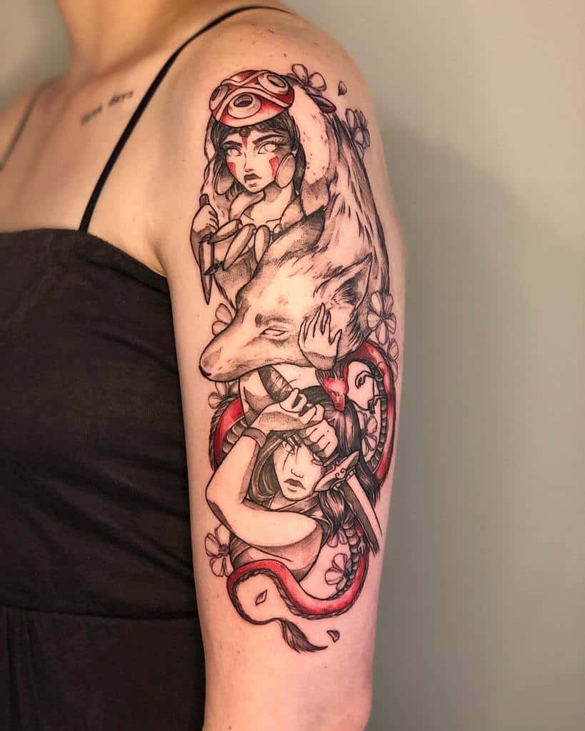 Detailed black and red tattoo of San, Moro, and Ashitaka from Princess Mononoke, featuring floral elements and a flowing serpent.