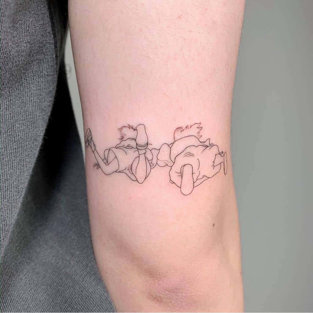 Minimalist fine-line tattoo of Chihiro and Haku from Spirited Away, depicting their mid-air fall in a delicate and simple design