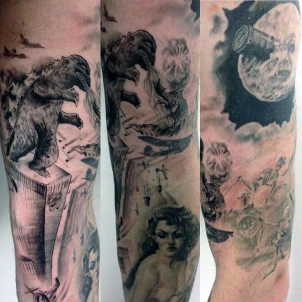 Illustrative Black And White Movie Scene Tattoo Godzilla Giant Woman Trip To The Moon On Man