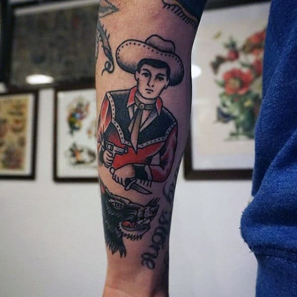 Illustrative Cowboy Sailor Jerry Style Forearm Tattoo For Gentlemen
