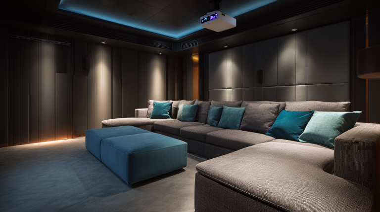 Modern home theater design with large sectional, teal pillows, ottoman, ceiling projector and cinematic environment