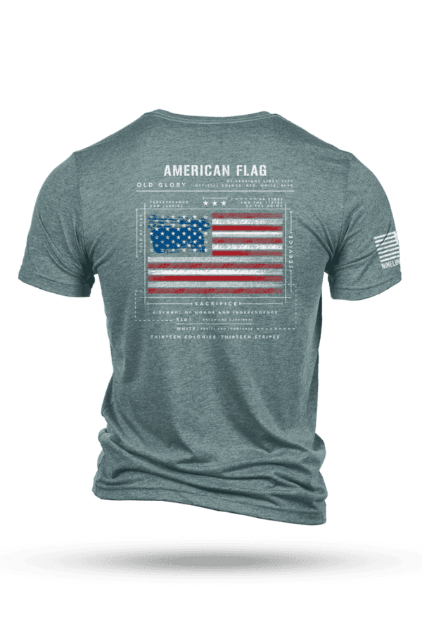 Gray t-shirt featuring a bold American flag and text on the back to show patriotic pride, plus a small flag detail on the sleeve