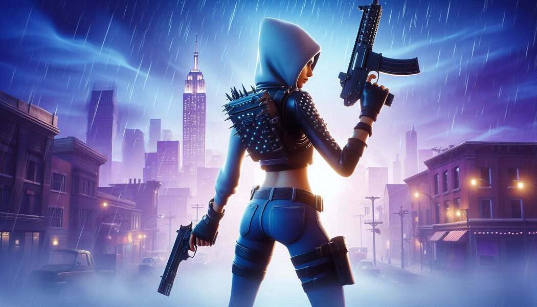Hooded figure in spiked jacket holds two guns in neon city—ideal for secure shopping on trusted platforms