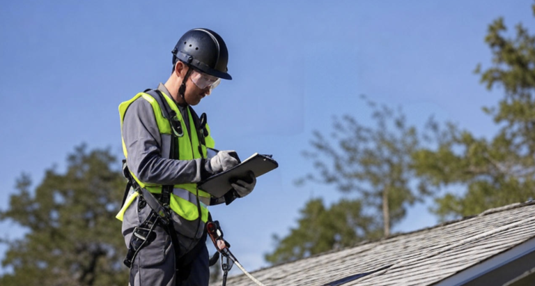 A worker in a safety vest and helmet inspects a roof, jotting notes on a clipboard with a clear blue sky above