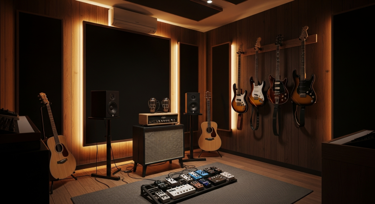 Modern music room for guitarists, with guitars displayed on the wall, pedals, an amp, and warm lighting for optimal acoustics