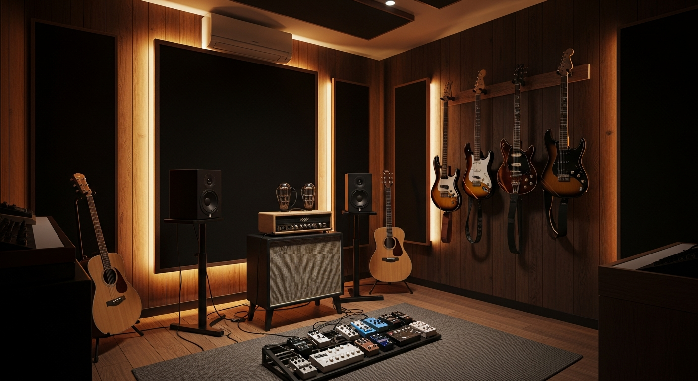 Modern music room for guitarists, with guitars displayed on the wall, pedals, an amp, and warm lighting for optimal acoustics