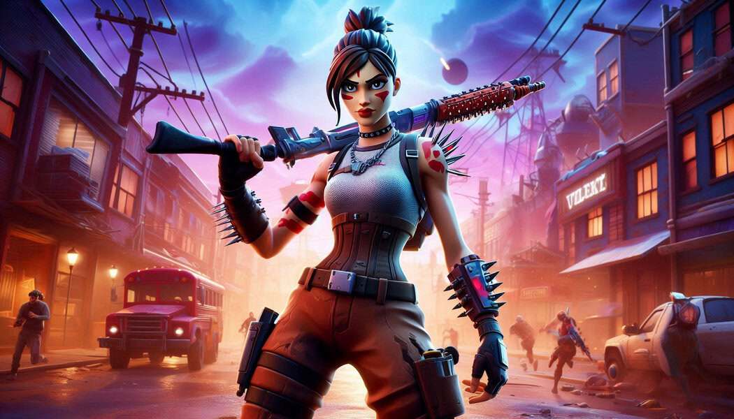Animated female warrior wielding a bat stands ready, showing secure Fortnite shopping vibes in a bustling, dusk-lit city