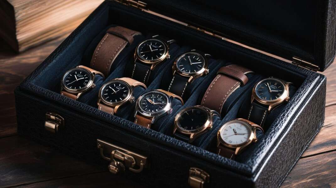 A black leather box displays eight wristwatches with classic minimalist design, ideal for watch collectors and enthusiasts