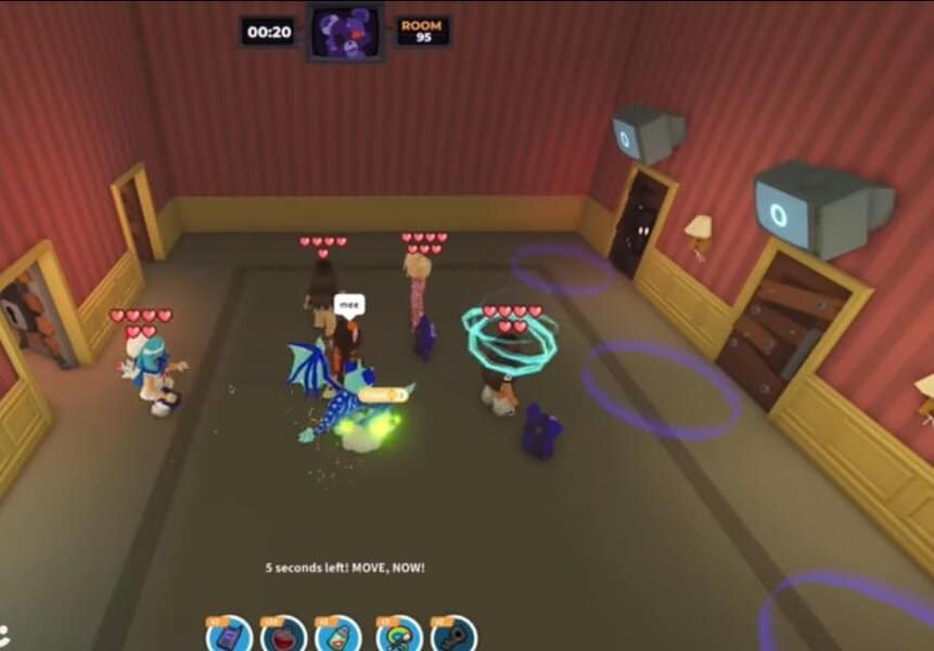 Animated characters gather in a red-walled room with heart icons for Adopt Me 2025 Halloween, looking for rare rewards behind each door