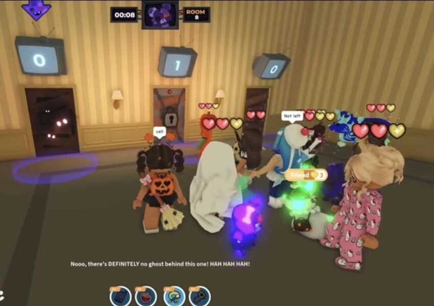 Roblox avatars in costumes stand near numbered doors in a spooky Adopt Me 2025 Halloween room, searching for rare rewards