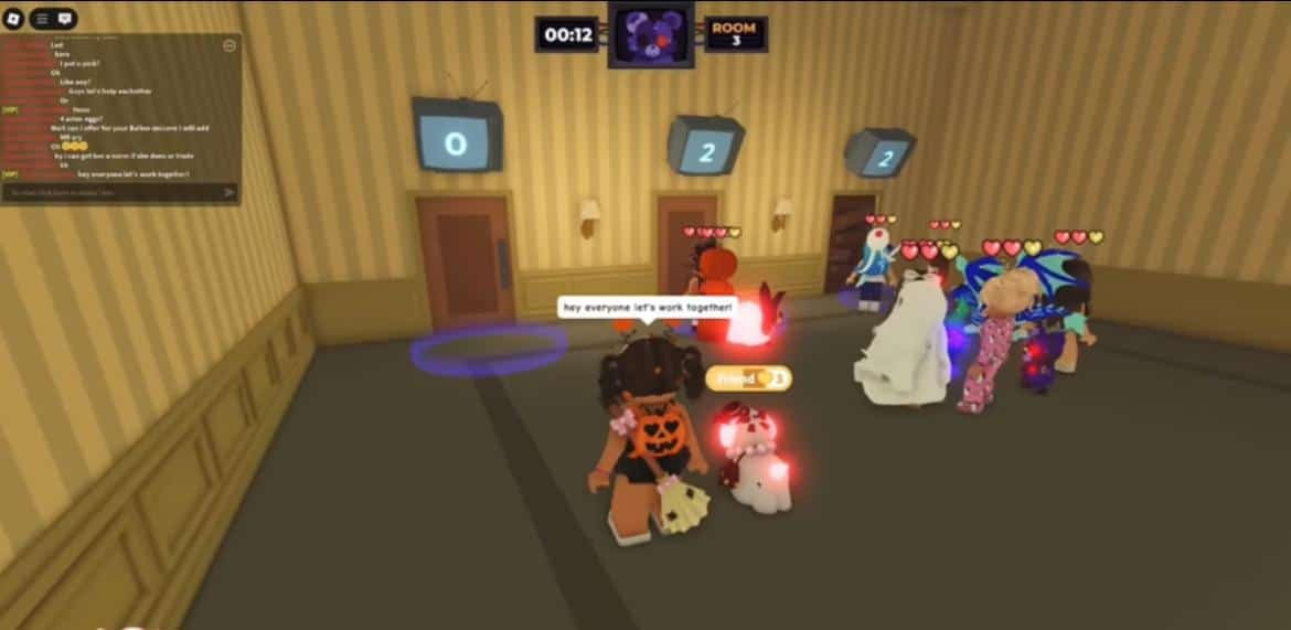 Roblox avatars gather at numbered doors, hoping for rare rewards while saying, "hey everyone let's work together