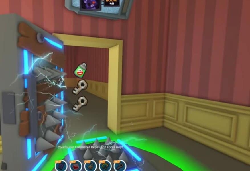 First-person view of a vibrant game room in Adopt Me 2025 Halloween Hauntlet, rare rewards and floating Candy Corn by the entryway