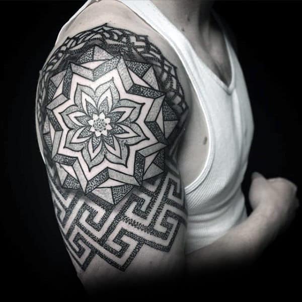Impressive Black Dotwork Floral Tattoo Male Arms