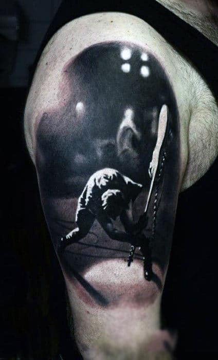 Impressive Black Ink Musical Tattoo On Upper Arms For Men