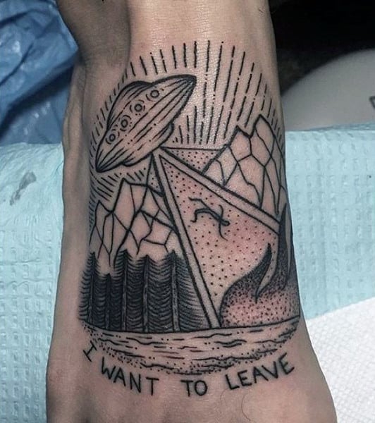 Impressive Black Pencil Art Ufo Tattoo Male Foot