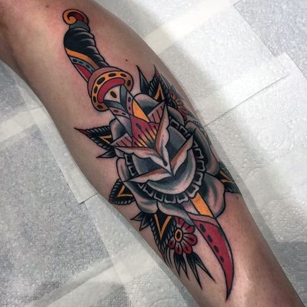 Impressive Dagger Flower Tattoo Male Forearms